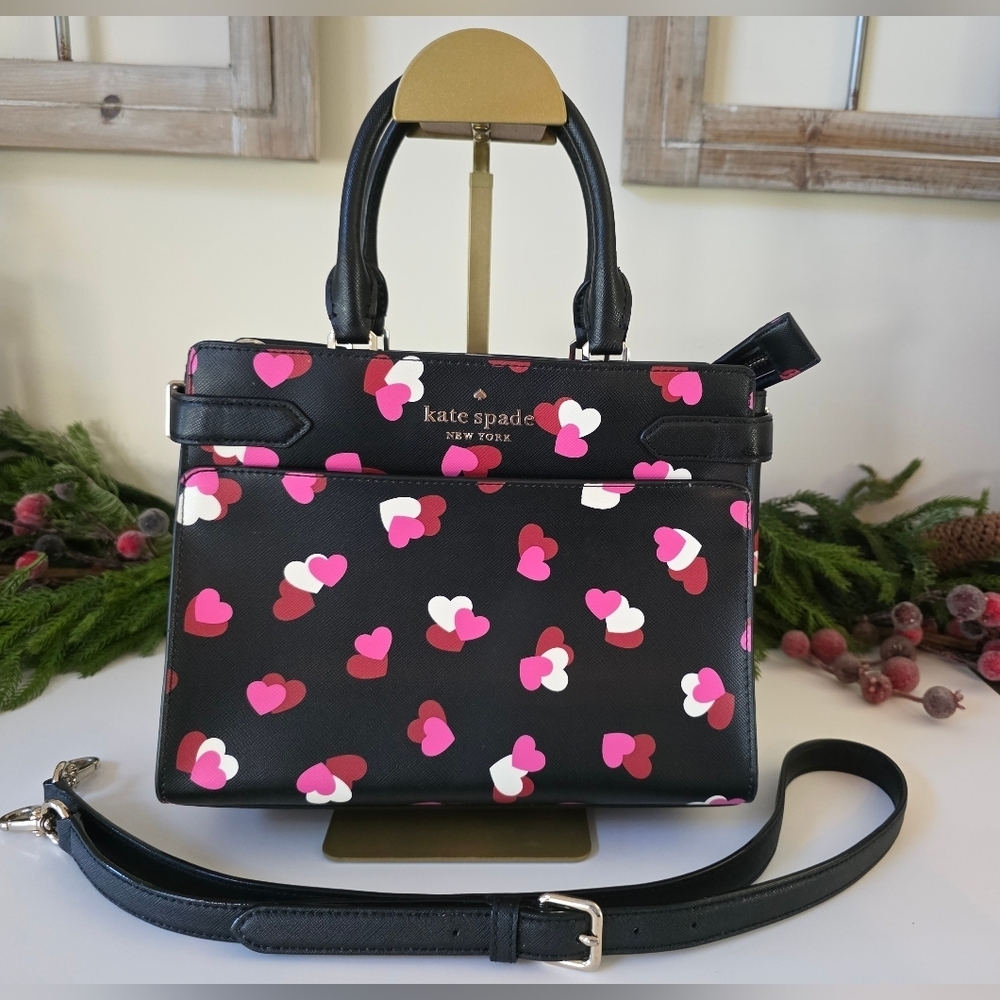 Kate Spade Medium Staci Flutter Hearts Satchel-Crossbody Black Saffiano Leather - Picture 3 of 12